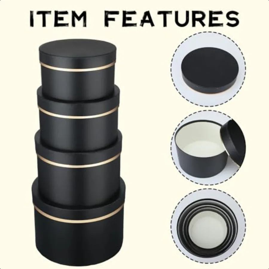 8 Pack Christmas Round Nesting Gift Black Boxes with Lids for Presents Assorted Sizes Gift Wrap Boxes for Christmas Arrangement