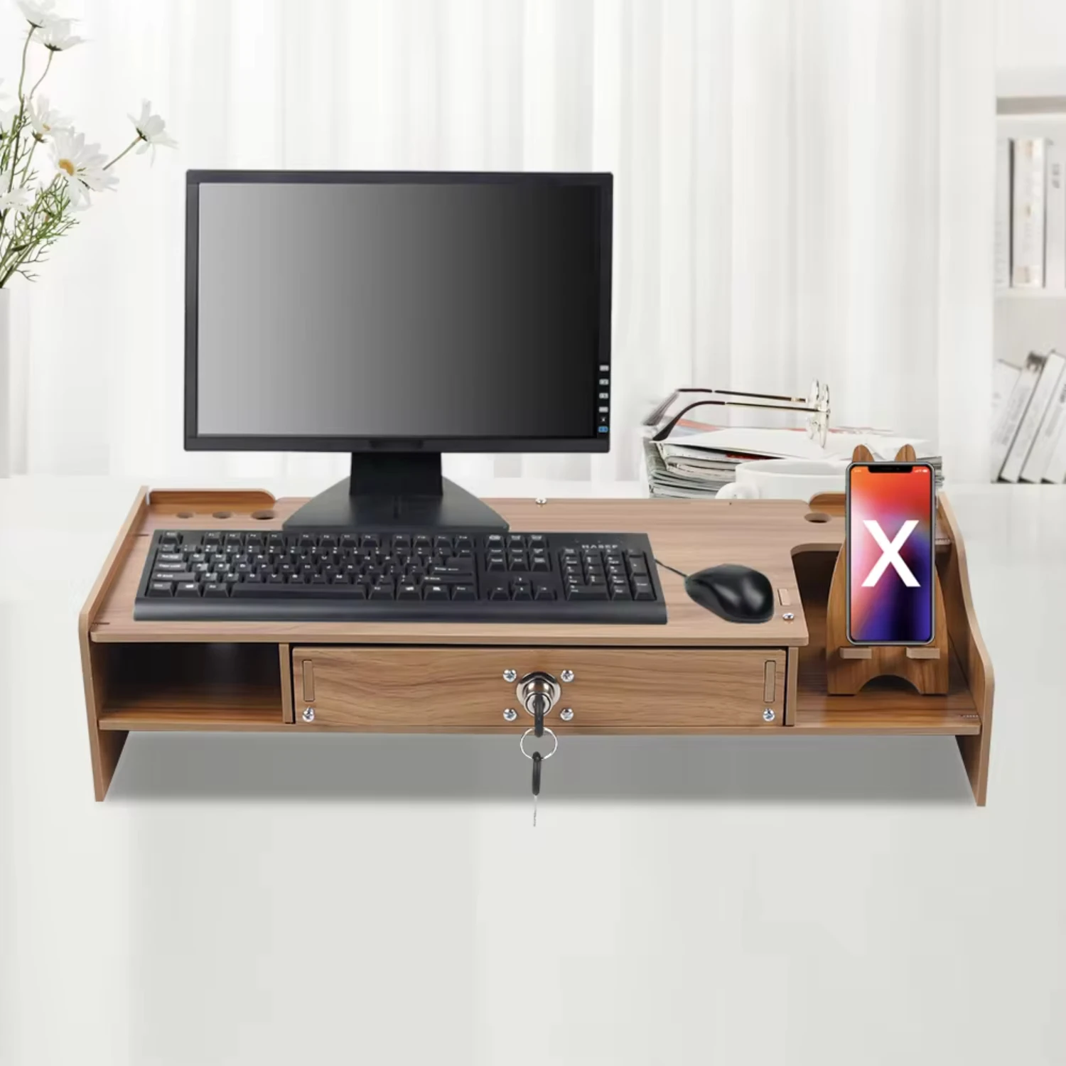 

New Desktop Wood Monitor Riser Holder Shelf with Drawer Computer/Laptop/ Stand Desk Mount Phone Organizer