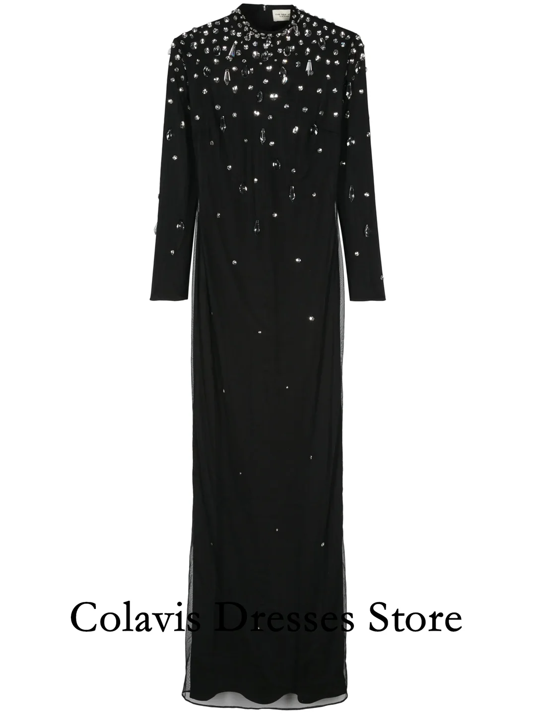

2025 Customized High Neck Crystals Long Sleeve Crepe Black Prom Dresses Evening Dress Women Evening Gowns Formal Party Dress