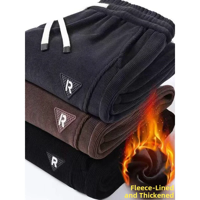 

Corduroy Men's Casual Pants Autumn Winter New Sle Durable Elastic Waist Wide Cuffed Sweatpants Comfortable Loose Fit Polyes...