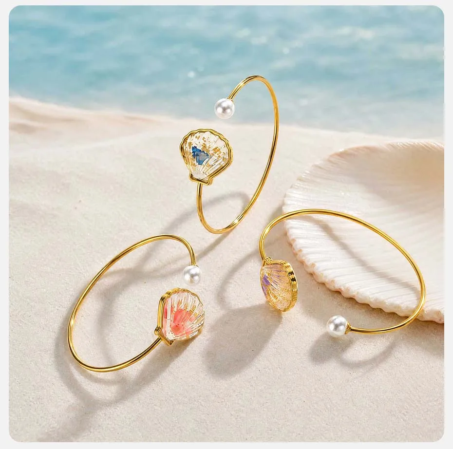 Vnox Boho Buntes Harz-Muschel-Imitat-Perlen-Armband für Frauen, Emaille-Manschette, Niedlicher Armreif, Ozean-Strand-Urlaubsschmuck – Detail 6