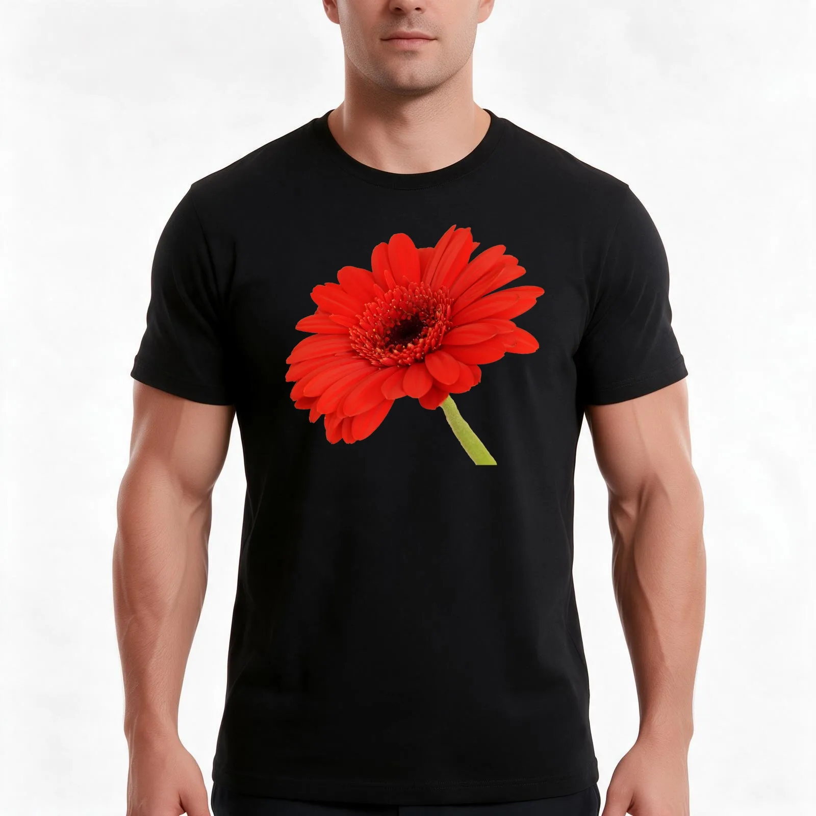 Red Gerbera Daisy T-Shirt, Summer Casual Cotton Tee, Oversized Streetwear Tops, Vintage Graphic Print, Loose Fit Short Sleeve