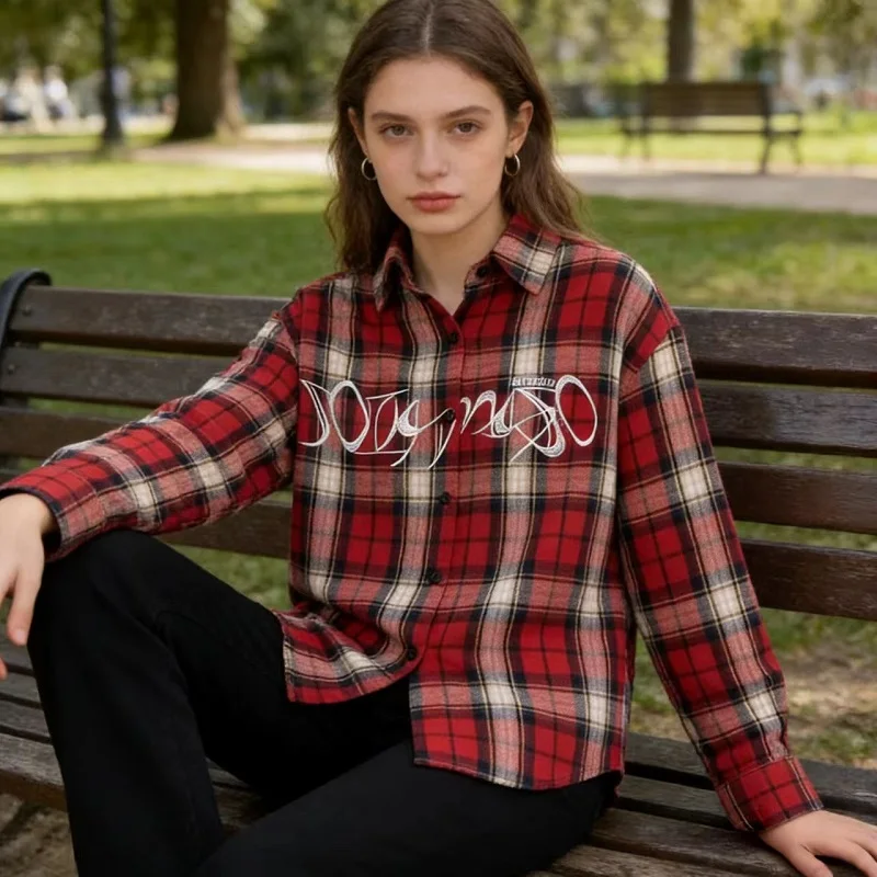 

E-BAIHUI Girls' Red Plaid Shirt American Summer Letter Embroidery Loose Vintage Blouse Long Sleeved Design Urban Ladies Tops