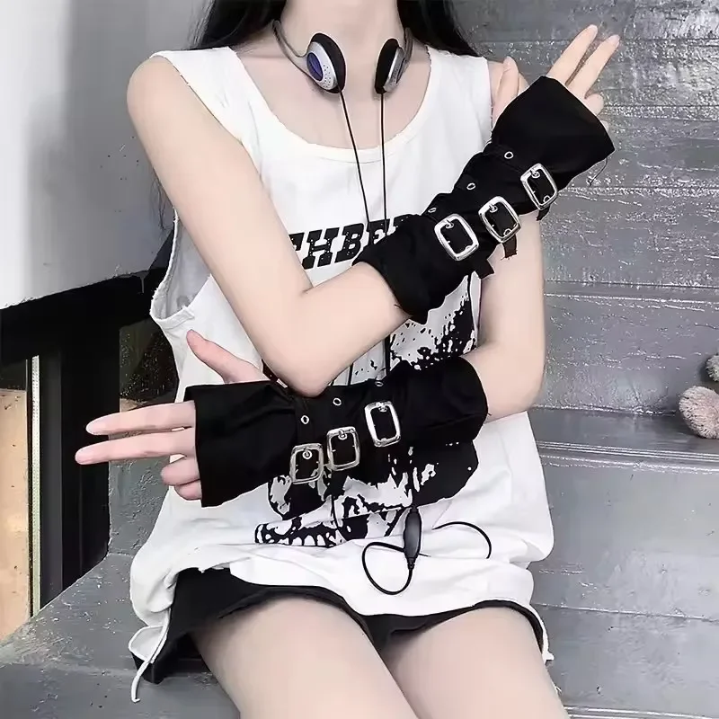 Personality Fashion Buckle Straps Punk Style Women Spandex Fingerless Gloves Lolita Cosplay Stage Performances Street Dance