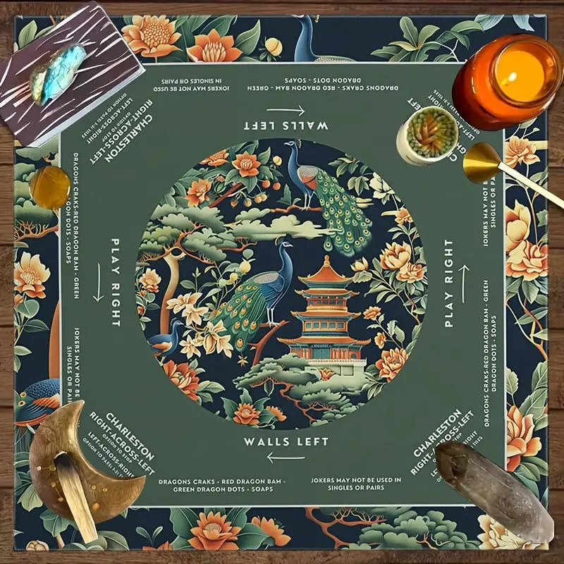VIKAMA Vintage Oriental Floral Peacock Mahjong Table Mat American Mahjong Game Guide Non Slip Indoor Gaming Desk Pad
