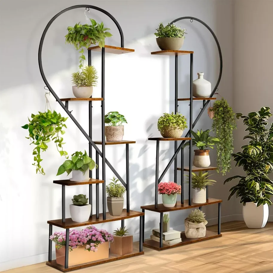 

6 Tier Wood and Metal Plant Display Rack Stand Heart Shaped Storage Shelf