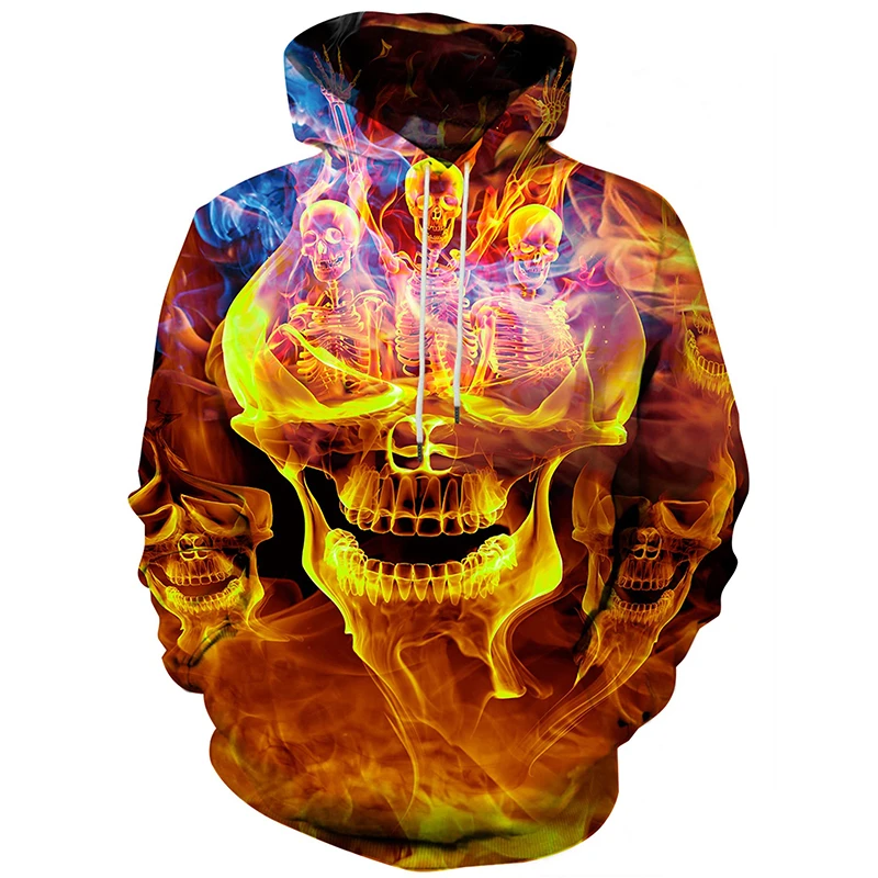 Cool Flaming Skull 3D Printed Hoodies Men Animal Dog Paintings Long Sleeves Sweatshirt Gorgeous Glitter Oversize Street Hoodie