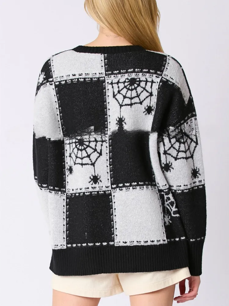 Yangelo 2024 Halloween Spider Web Plaid sweter z wycięciem pod szyją damski Y2K jesienno-zimowy nowy ciepły sweter z dzianiny