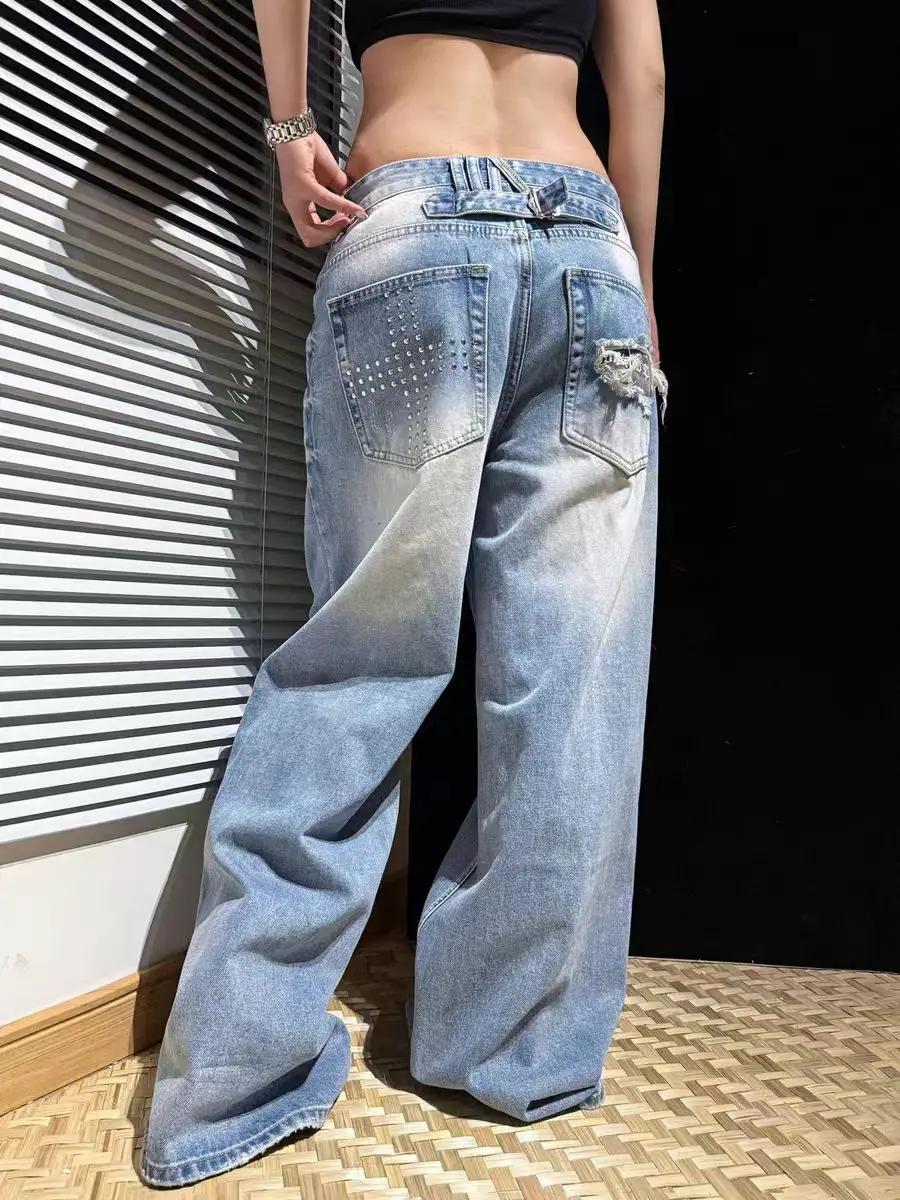 

Ретро-джинсы с крестообразными заклепками в американском стиле, свободные повседневные прямые джинсы с широкими штанинами для мужчин и женщин, удобные универсальные брюки