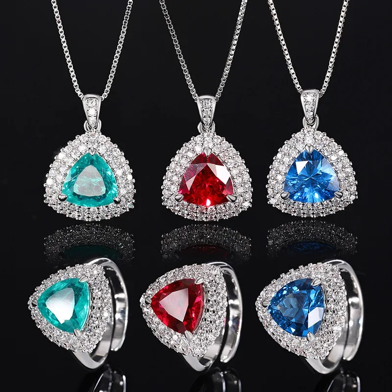 S925 Silver Plated 18K Gold Plated PT950 Platinum Retro Red Corundum Fat Triangle Set 10*10 Accessories