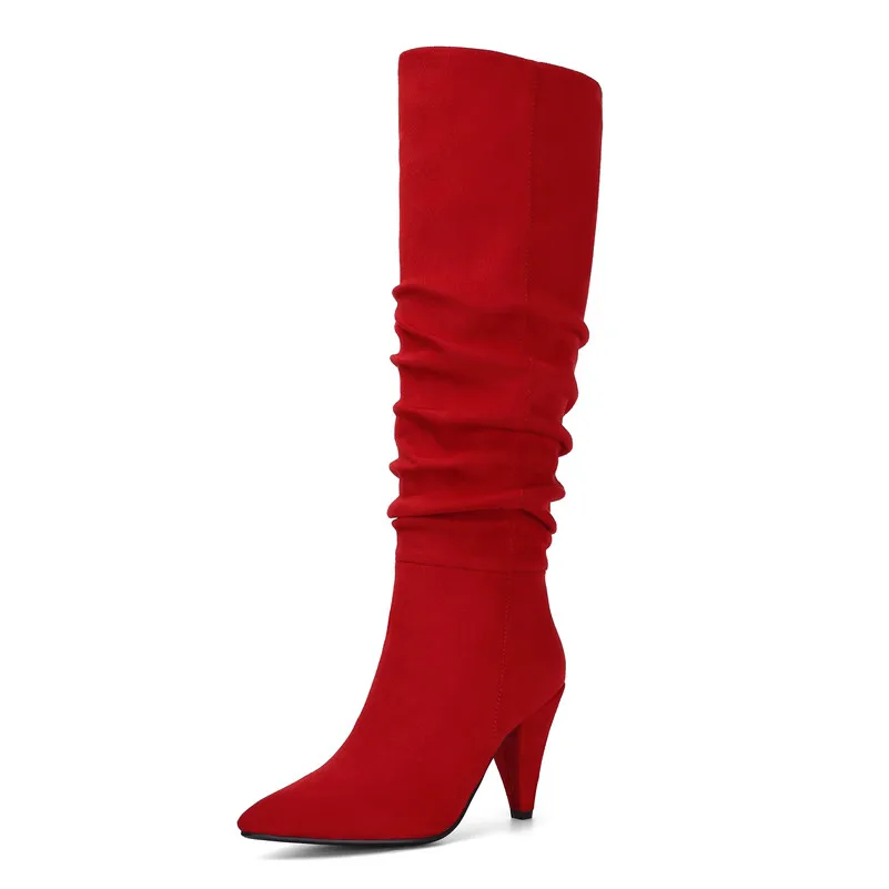 ANNYMOLI Pointed Toe Knee High Boots Super High Heel Women Boots Pleated Spike Heel Long Boots Female Shoes Autumn Winter Red 43