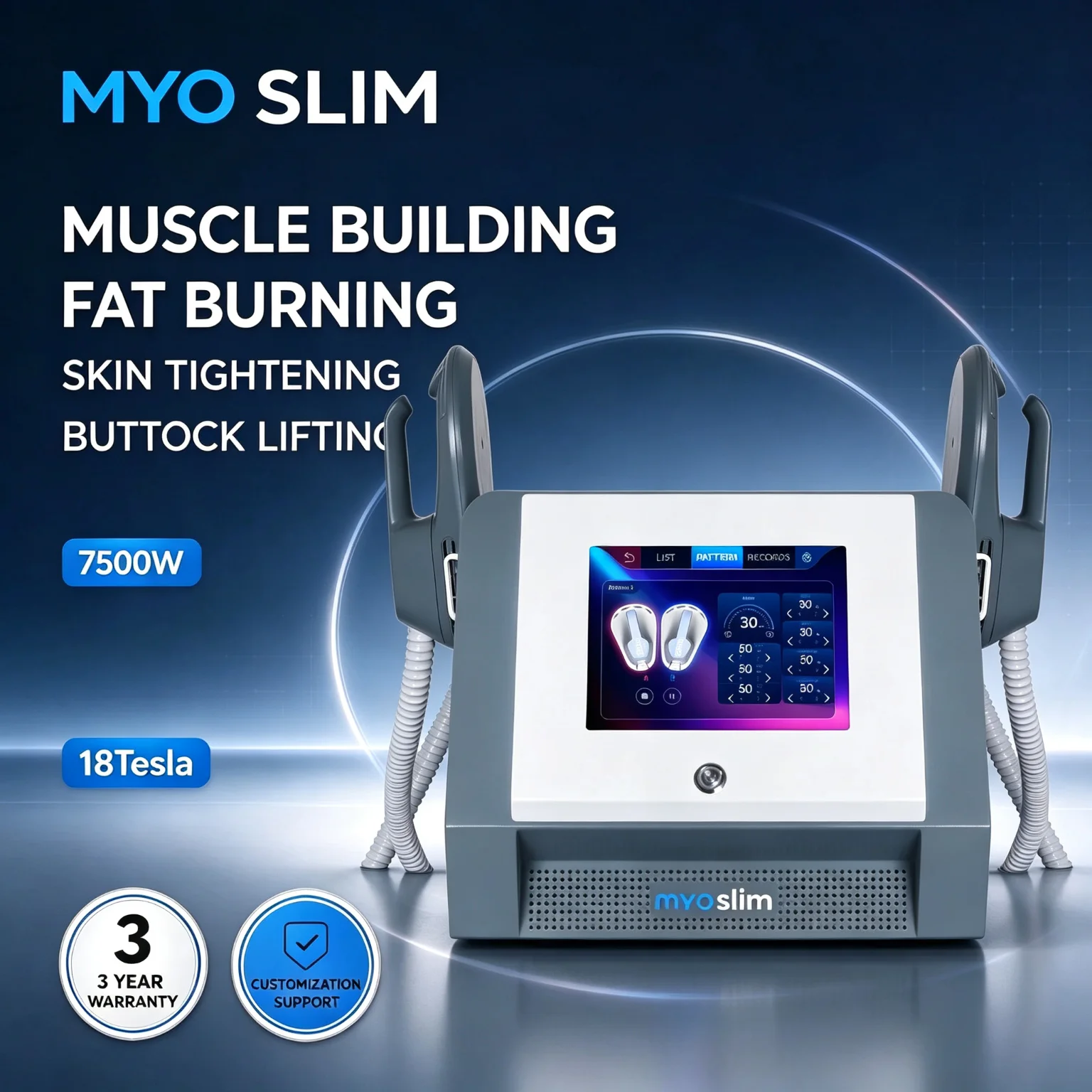 Myoslim New 7500W 18Tesla EMS Muscle Stimulator Devices Fat Burning Weight Loss Slimming Beauty Body Massager Machine For Home