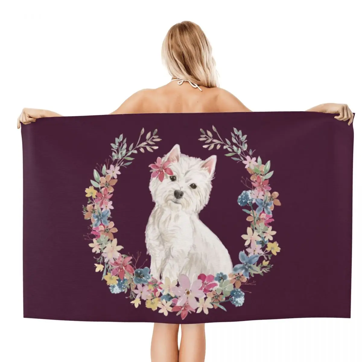 Custom West Highland White Terrier With Flowers Beach Towel Quick Dry Westie Dog Super Soft Microfiber Bathroom Sauna Towels