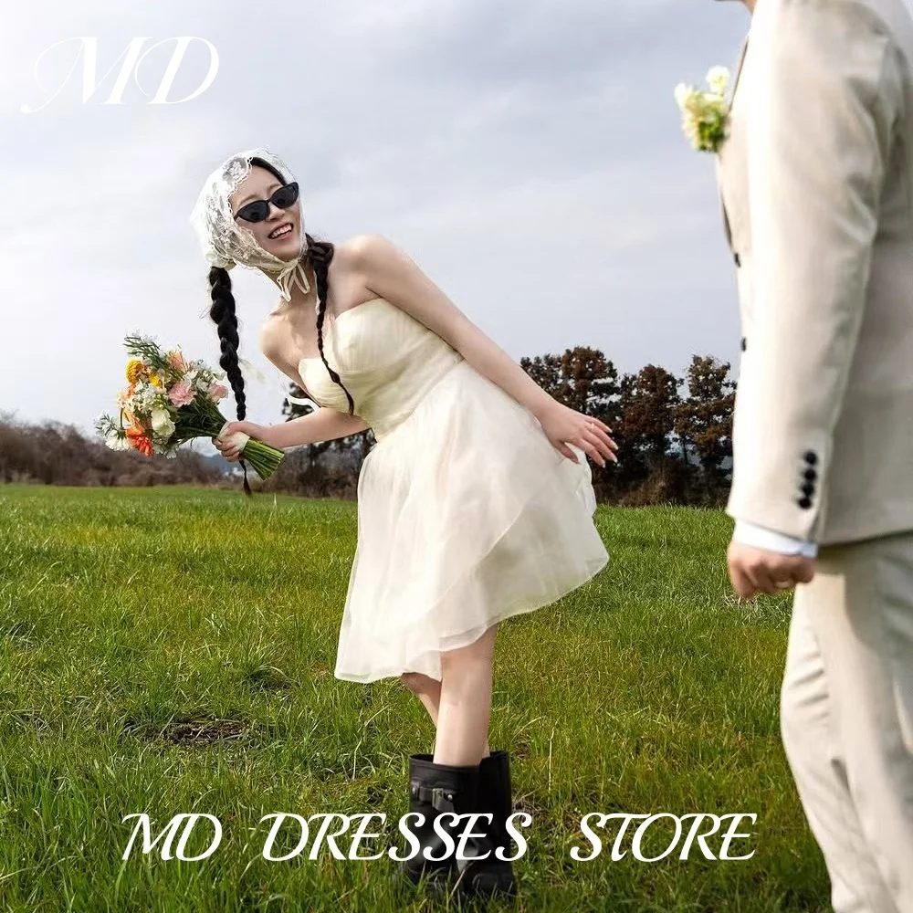 

MD Simple Strapless Short Wedding Dress Sleeveless Pleat Organza Korea Photoshoot Floor-Length Bridal Gown Customized 2025 웨딩드레스