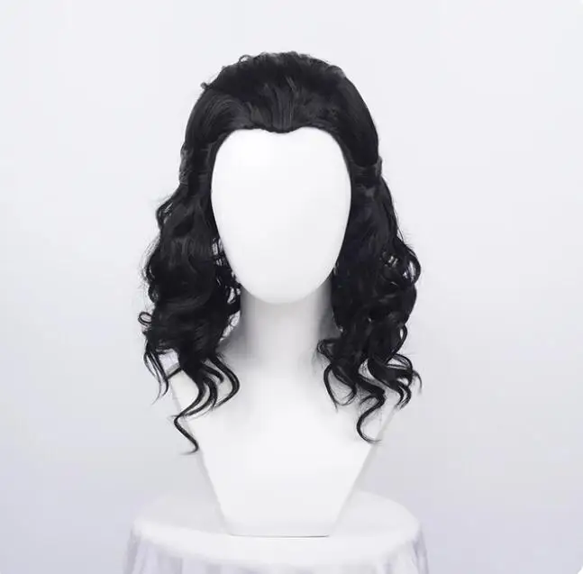 Wig Cosplay hitam keriting tahan panas rambut sintetis Wig pesta peran komik + topi Wig