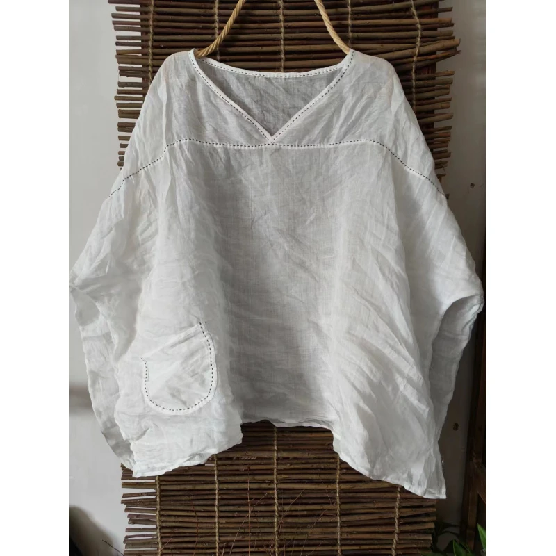 

2025 женские крутые белые футболки Ramie с v-образным вырезом, свободный топ, простые, лучшее соответствие, легкие женские топы с длинными рукавами на весну и лето