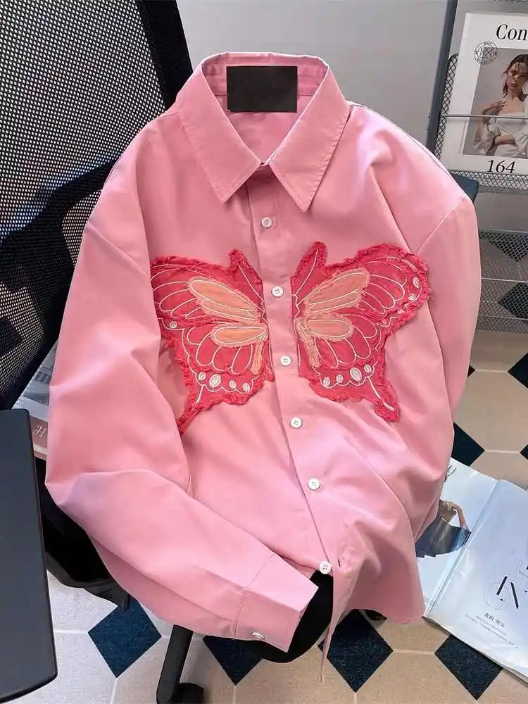 

Women's Pink Polo-Neck Shirts Blouses Y2k 90s Vintage Elegant 2000s Butterfly Embroidery Long Sleeve Oversize Shirt Clothes 2025