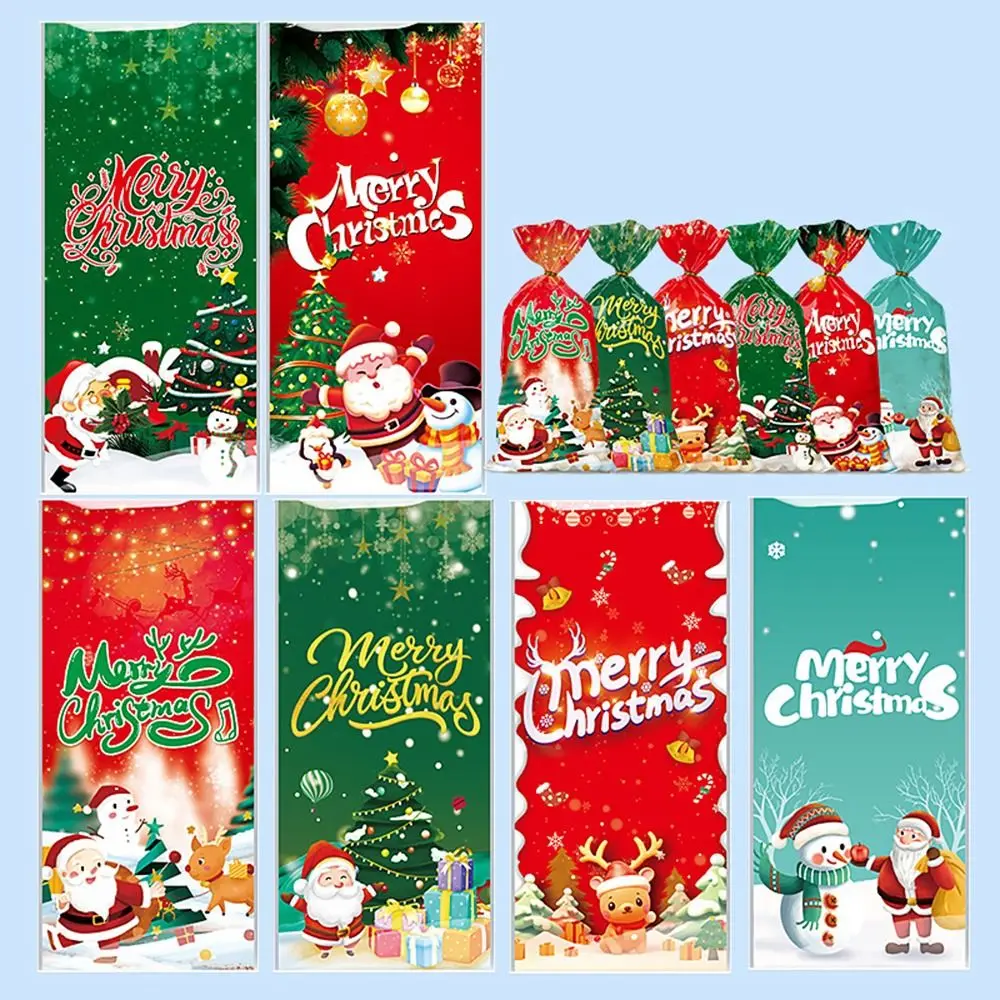 

50PCS Multicolor Christmas Gift Bag Xmas Tree Snowman Cookies Cartoon Santa Clause Deer Christmas Candy Bags With Ties