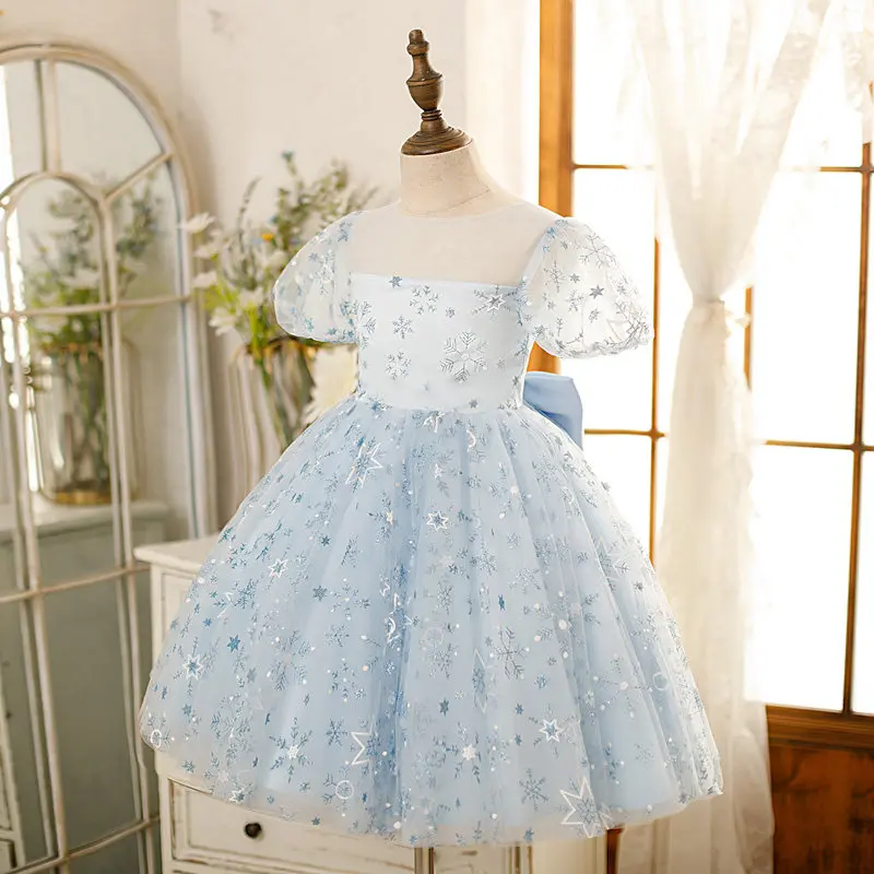 

Evening Dress Sequins O-Neck Empire Short Sleeves Fashion Ball Gown Bow Appliques Zipper Back Party Flower Girl Dresses B1673