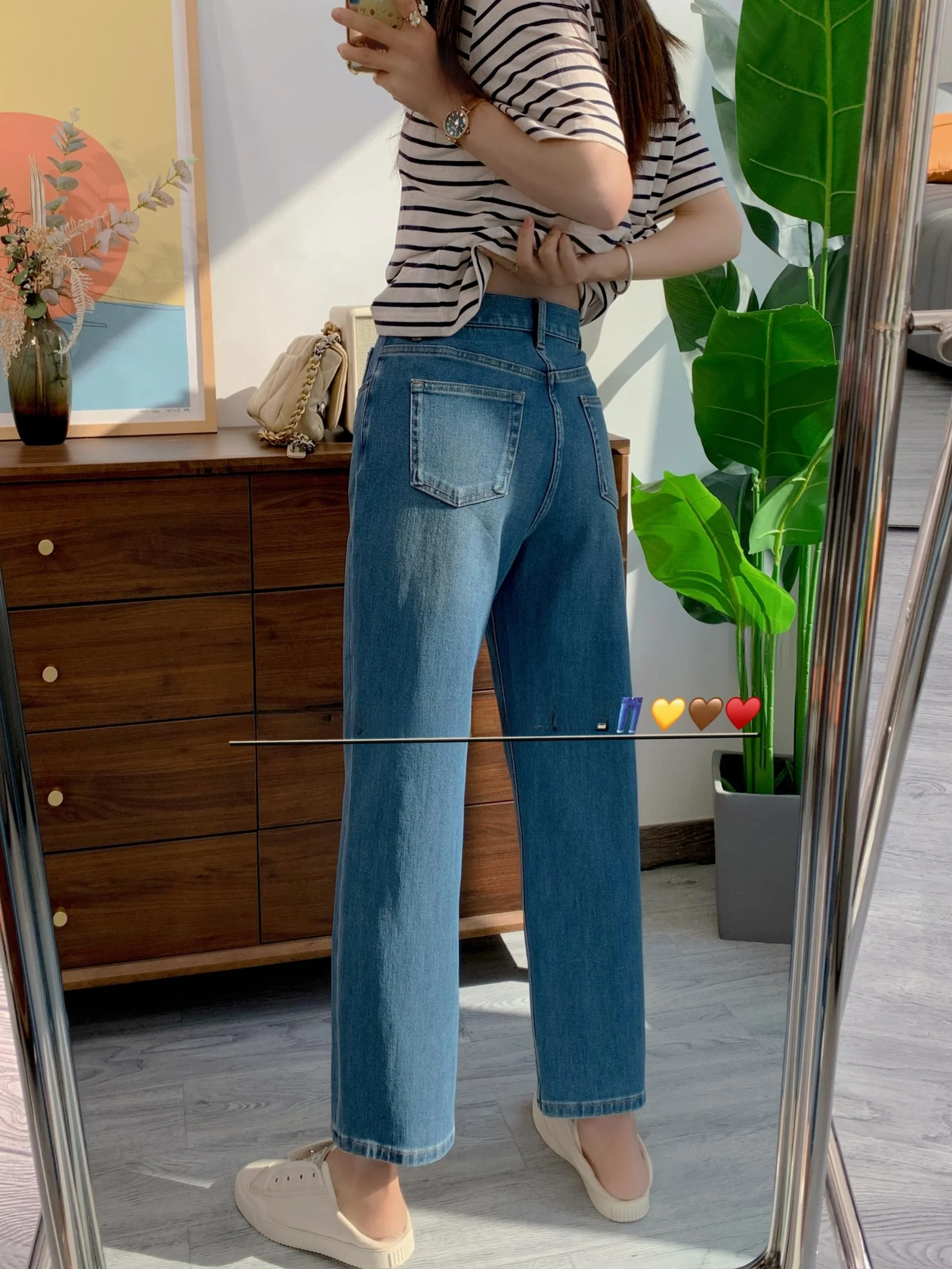 

Breathable Fabric Straight Leg Blue Jeans Women's Elastic French Bread Pants Nine Points Casual High Waist Cotton Stretch Denim