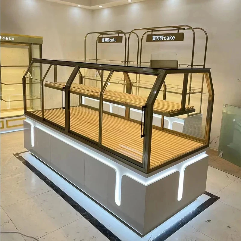 custom.Commercial Japanese Bakery Display LED Large Bread Cake Display Cabinet Mall Use Glass Back Wooden Construction