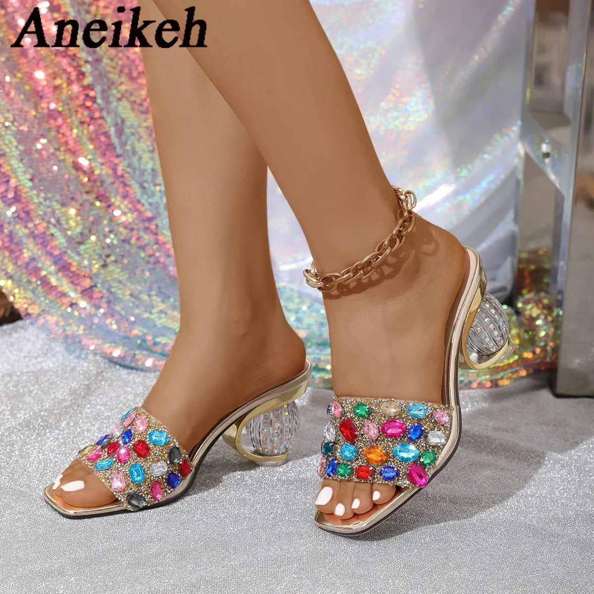 Aneikeh Shiny Colored rhinestone Sandals Slippers Women Transparent Thick Bottom Party Dress Mules High Heels 2025 Summer heeled