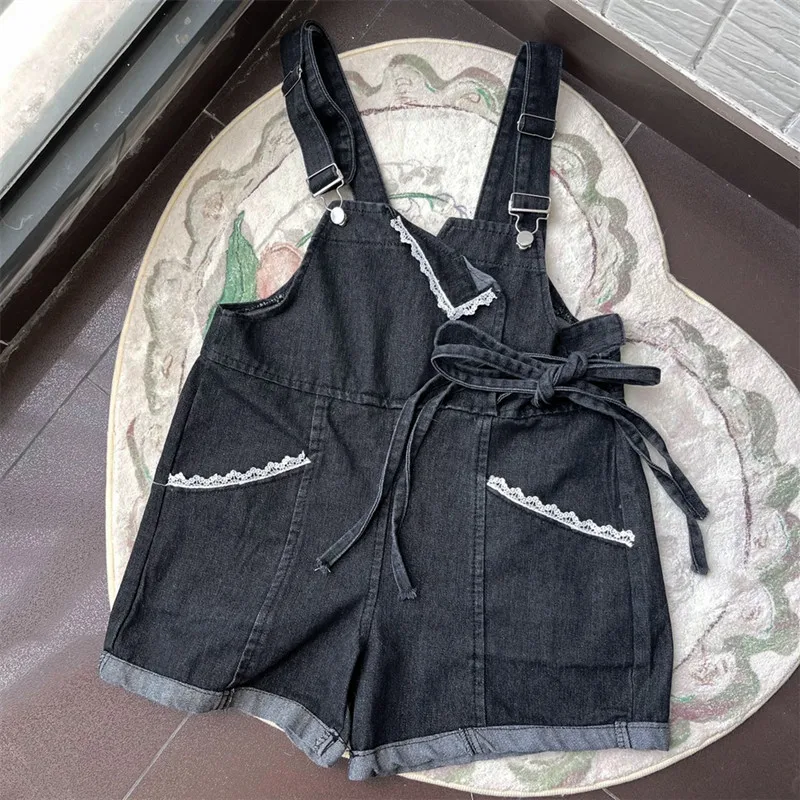 Kawaii Fashion Denim Shorts Women Harajuku Short Jumpsuit Girls Black Rompers One Piece Lace Jean Overalls 2022 Summer Outfit