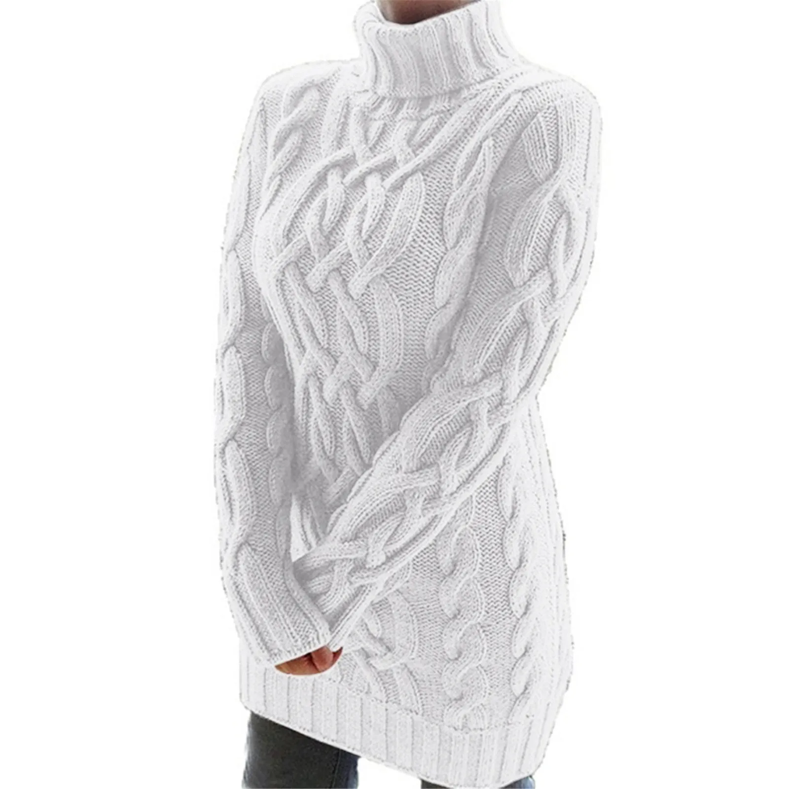 2024 Elegant Women Cable Knit Sweater Dress Autumn Turtleneck Sweater Long Sleeve Slim Knitwears Dresses Fall Clothes Pullover