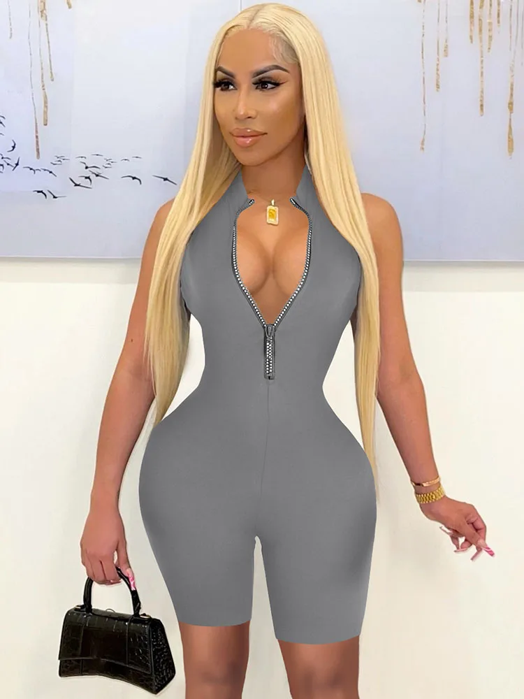 

Szkzk Sexy Rhinestone Zip Up Playsuits Women Tight Jumpsuit Clubwear Romper Party Evening Night Club Bodycon Jumpsuits Shorts