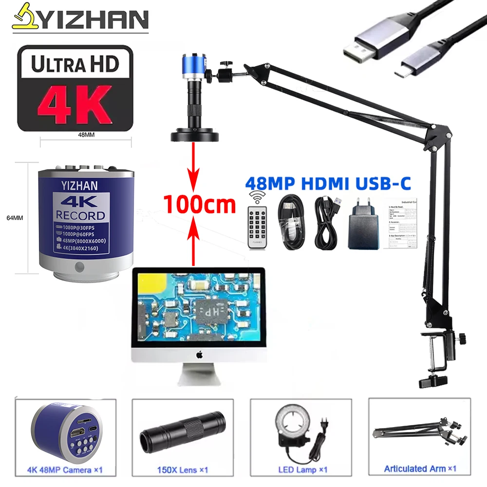 YIZHAN 4K 48MP Digital Microscope With HDMI USB-C 0-150X Lens Mount Industrial Microscope Camera For PCB Soldering/Dentist