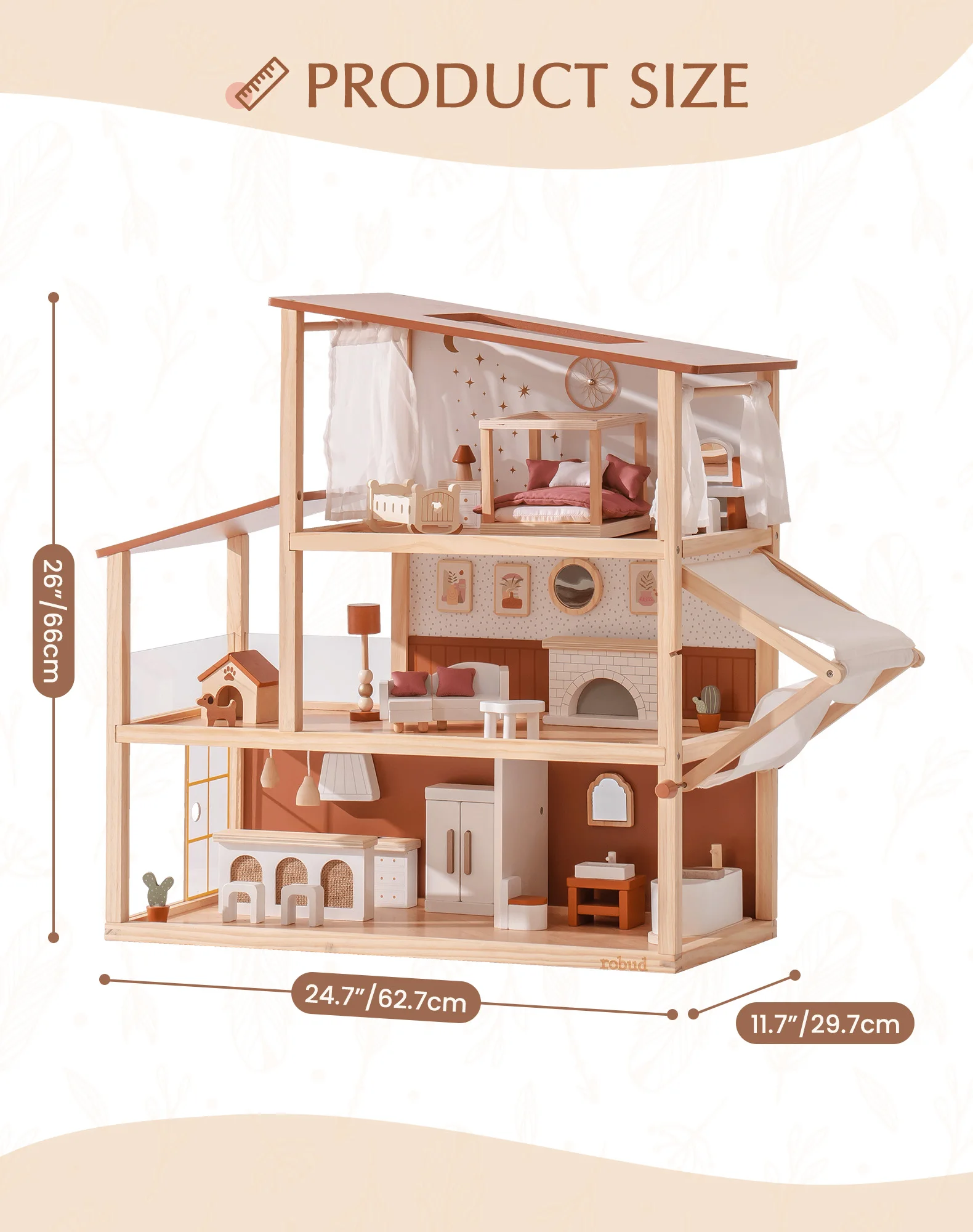 Robud Wooden Dollhouse, Doll House for Girls – 3-Story Bohemian Style Doll House with 37- Piece Furniture & Awning, Pretend Play Wooden Dollhouse Gift for Kids Ages 3+