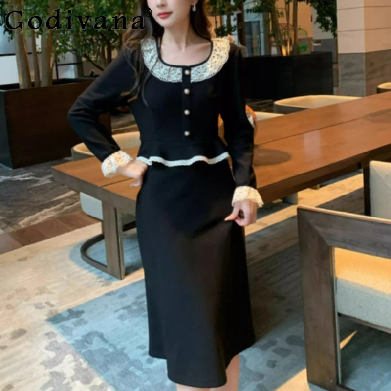 

Large Size Women Autumn French Lace Splicing Square Neck Long Sleeve Dress Korean Fashion Banquet Temperament Black Dresses