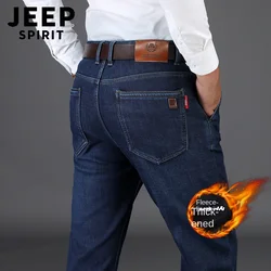 JEEP SPIRIT Winter Mens Thick Warm Jeans Classic Fleece Male Denim Pants Cotton Blue Black Quality Trousers for Men Brand Jeans