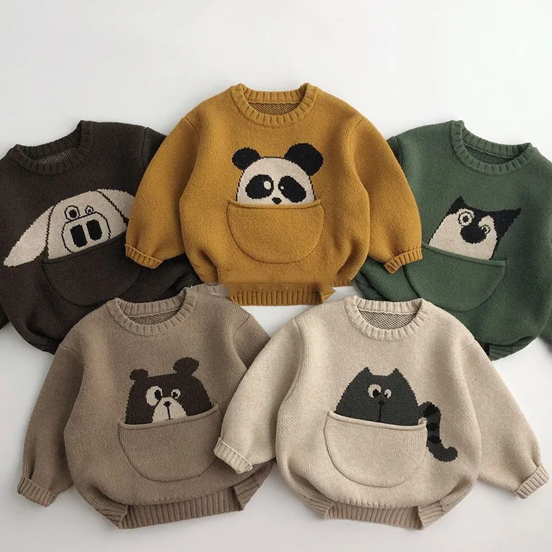 2024 Autumn Winter New Cartoon Pullover Sweater Boys Pocket Panda Knitted Shirt Girls Loose Cute Tops Children All-match Clothes