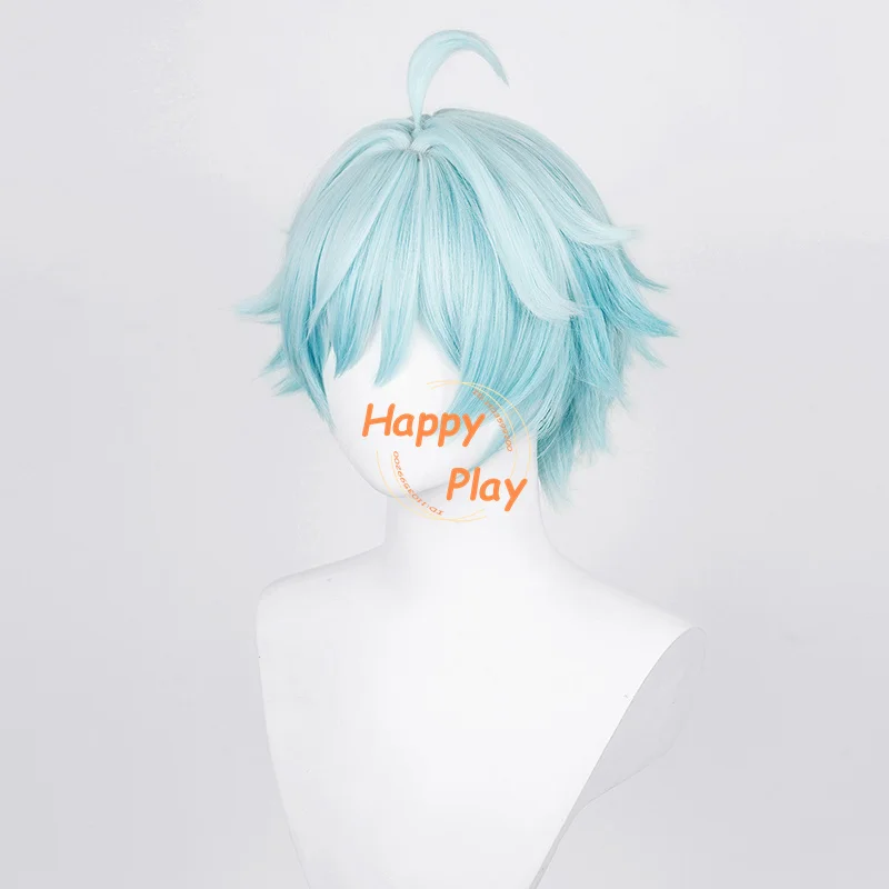 Wig Cosplay Chongyun 30cm Wig Cosplay Anime Unisex pendek biru Wig Cosplay tahan panas rambut sintetis pesta Halloween