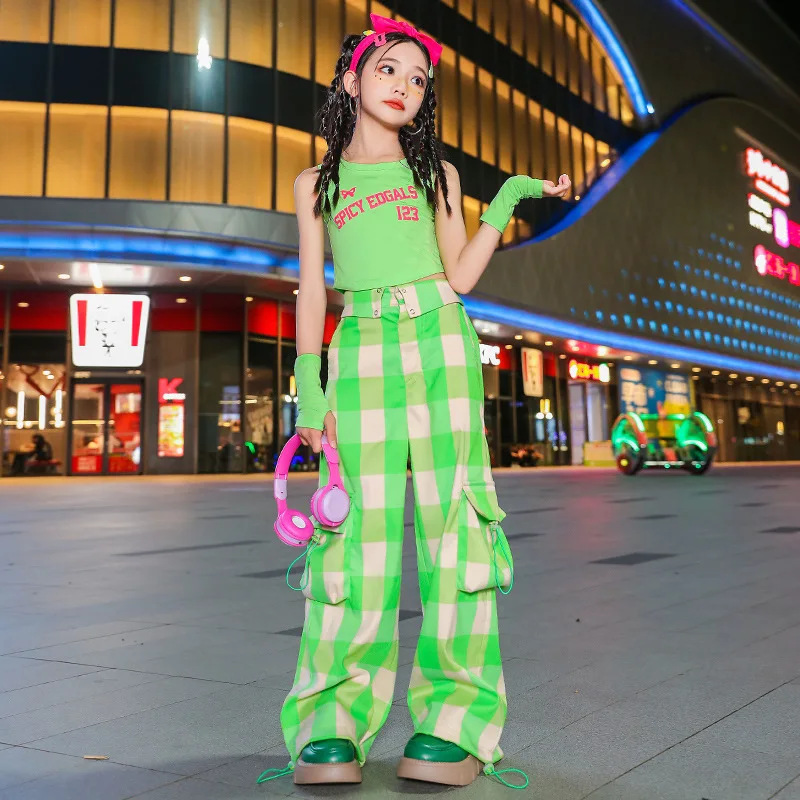 

Kid Kpop Hip Hop Clothing Letter Tank Crop Top Green Checkered Casual Wide Baggy Cargo Pants for Girl Jazz Dance Costume Clothes