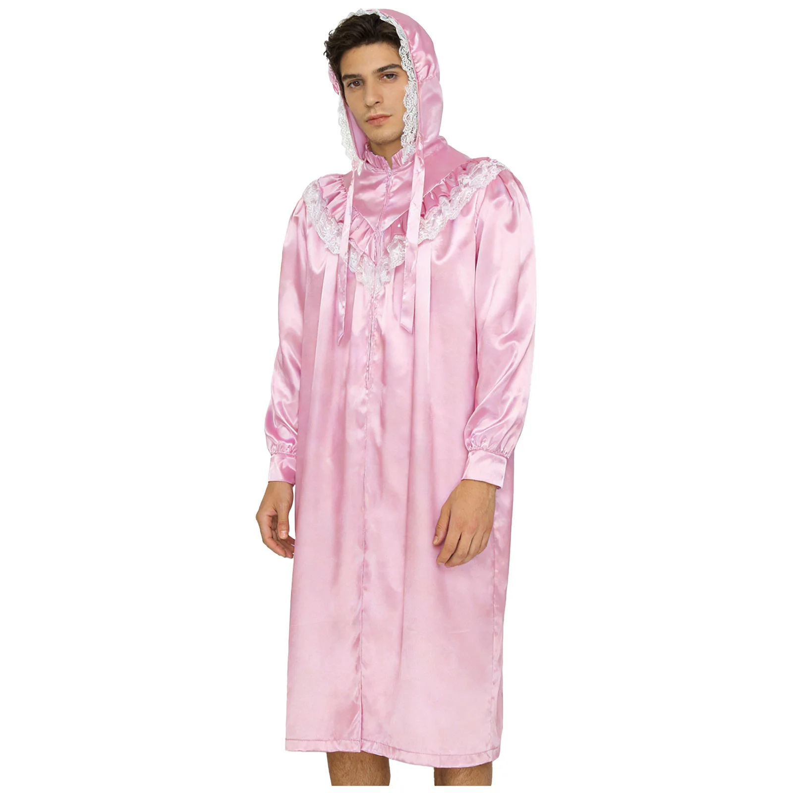

Men Sissy Victorian Vintage Satin Pajamas Sleep Robes Long Sleeve Lace Trim Nightgown with Lace-up Bonnet Hat Role Play Clubwear
