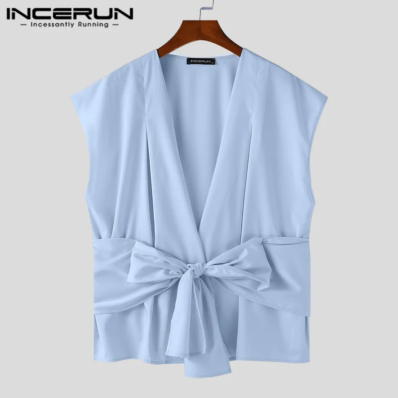 INCERUN Men\'s Tank Tops Solid Color V Neck Sleeveless Pleated Casual Vests Lace Up Streetwear Summer 2024 Fashion Men Clothing