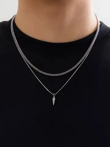 2pcs/set Rivet Pendant Thin Snake Chain Necklace for Men Punk Silver Color Cuban Link Chain Choker