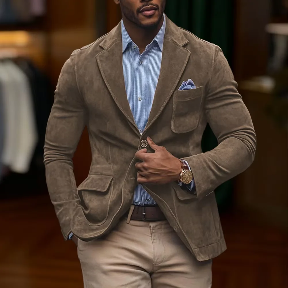 Men's Suede Brown Blazer Vintage Slim Fit Notched Lapel Formal Jacket High Quality Flap Pocket Sport Coat For Business Casual 17