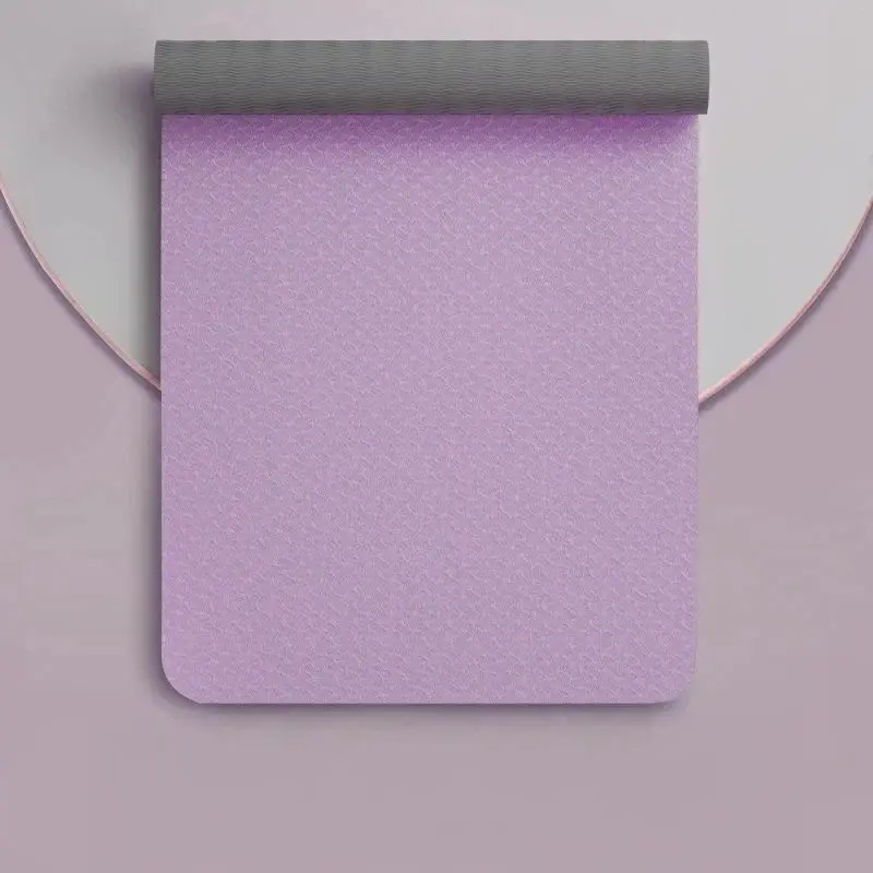 Purple Non-Slip Yoga Mat with Gray Rolled Edge, Textured Surface for Stability, Portable Exercise Home Gym, Outdoor Fitness,