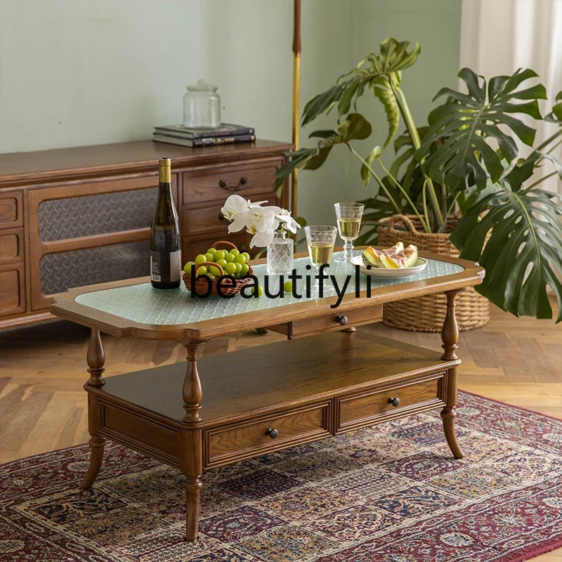 

A16 American rural solid wood coffee table square coffee table high-end retro old light luxury tea table