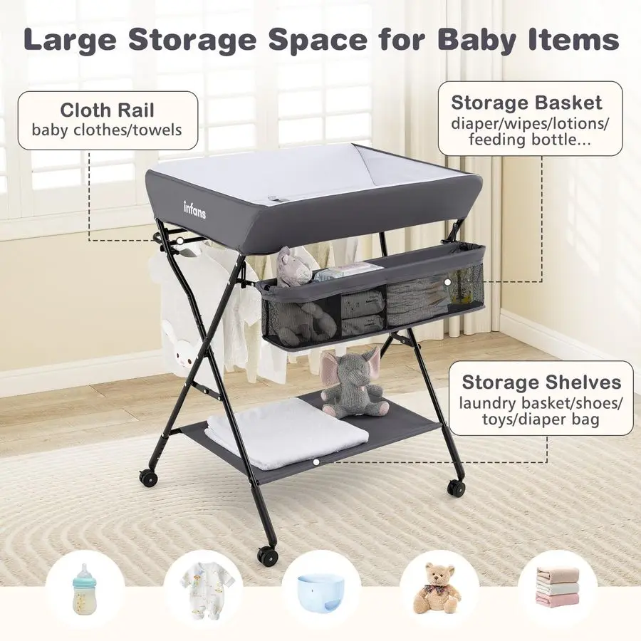 Baby Changing Table with Wheels, Portable Folding Diaper Station Nursery Organizer with Storage Basket, Hanging Rack, Adjustable