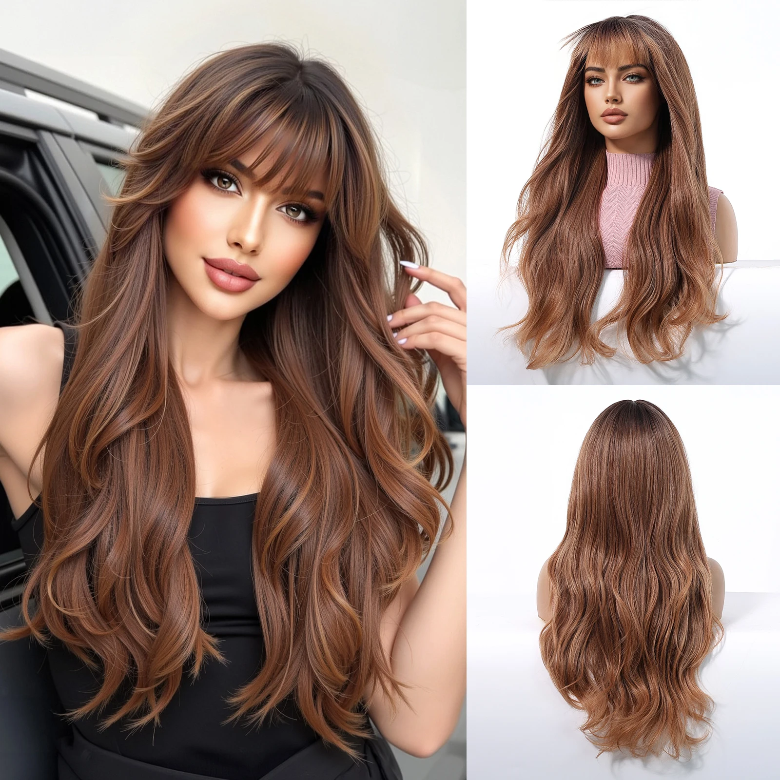 

Long Body Wavy Wig Brown Water Wave Synthetic Wigs With Bangs For Women Daily Cosplay Party Lolita Natural Hair Heat Resistant
