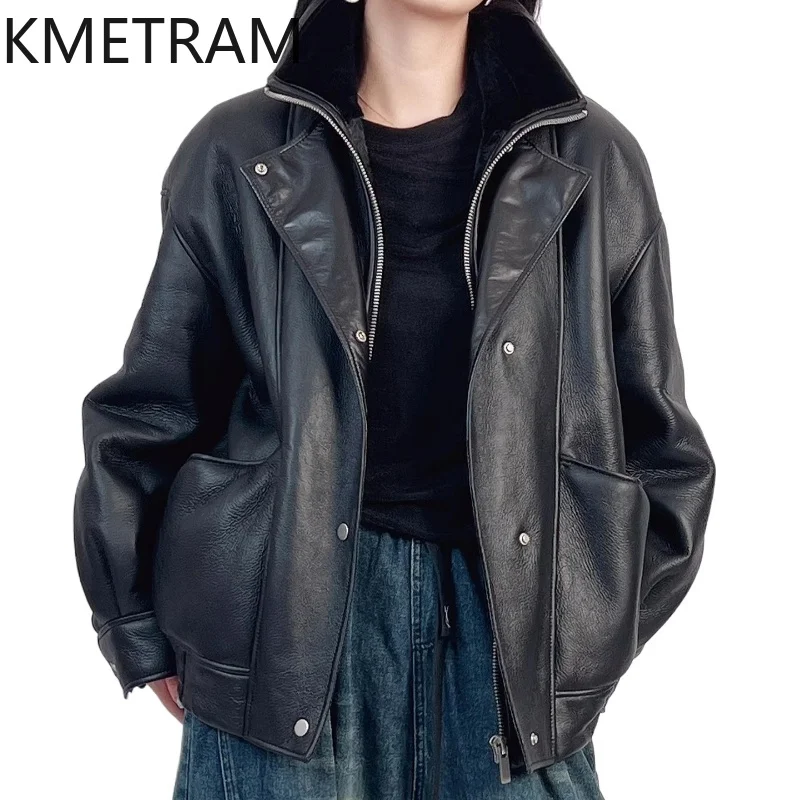 

KMETRAM Natural Merino Sheepskin with Wool Attached Coat Black Motorcycle Real Fur Jacket Woman Clothing Winter Coats Femmes