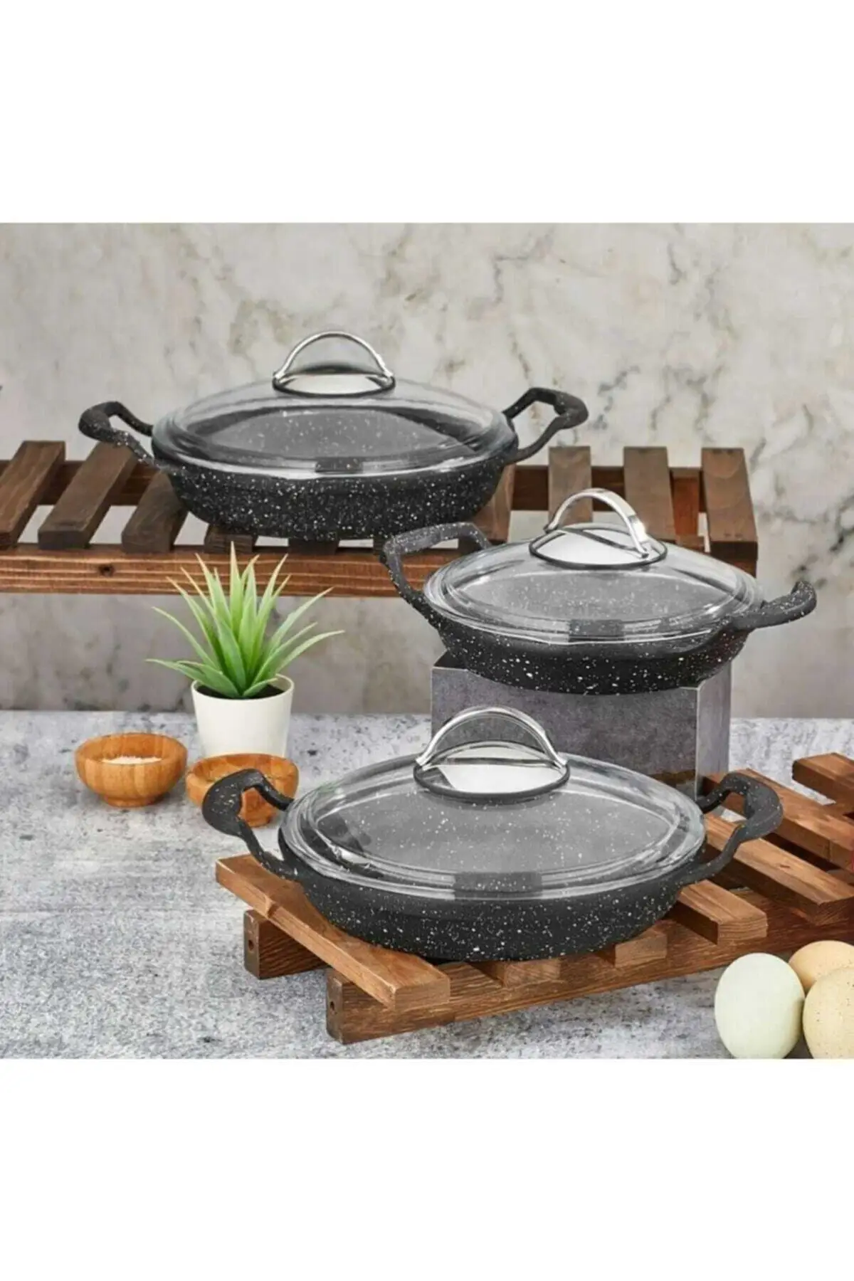 6 piece Molding Granite Sahan Set-With Lid With Handle Sahan Set-18 + 20 + 22 Cm