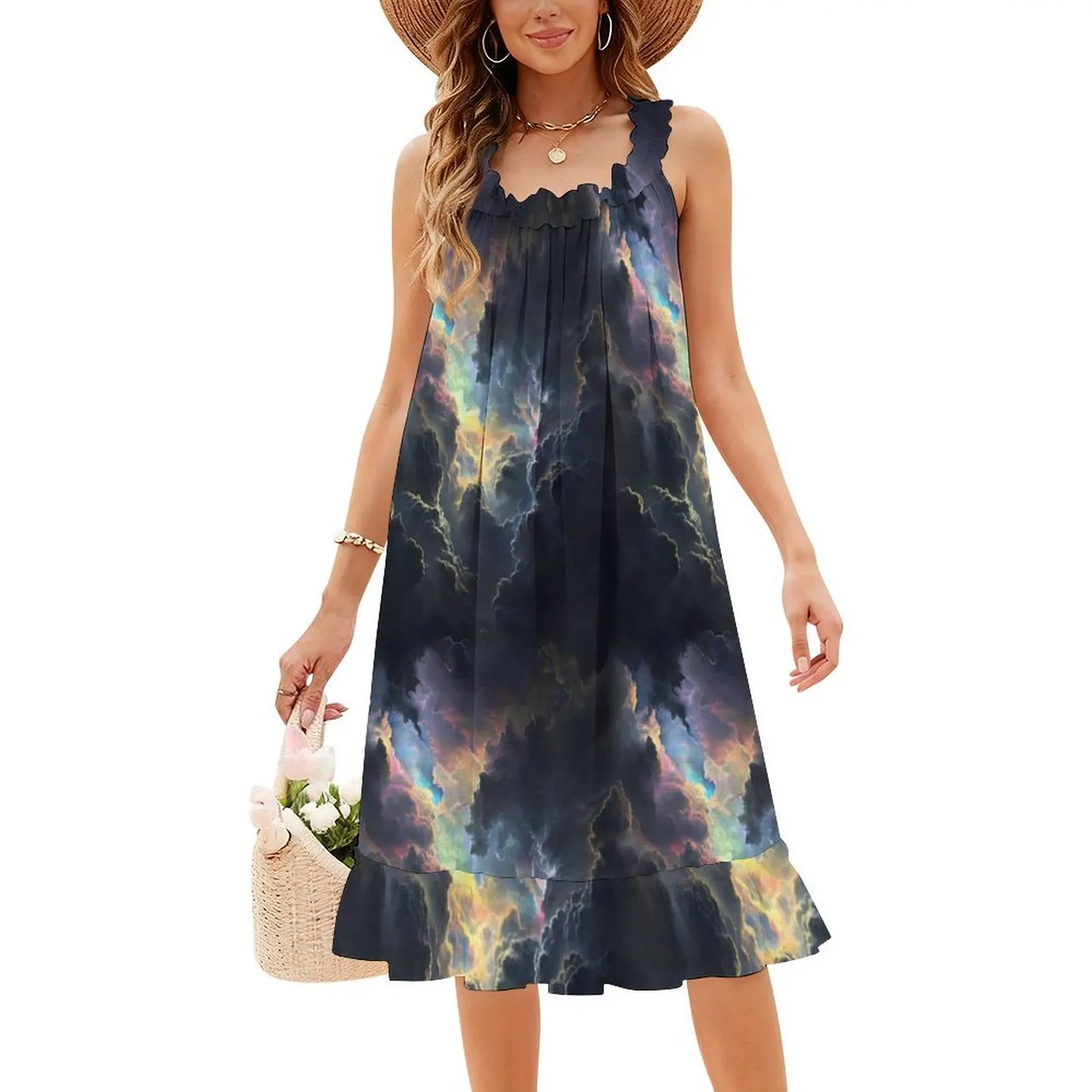 真珠光沢のある雲 レディース エレガント パーティードレス Aラインドレス ショート/ロング/ノースリーブオプション付き 人工虹色 カラフル