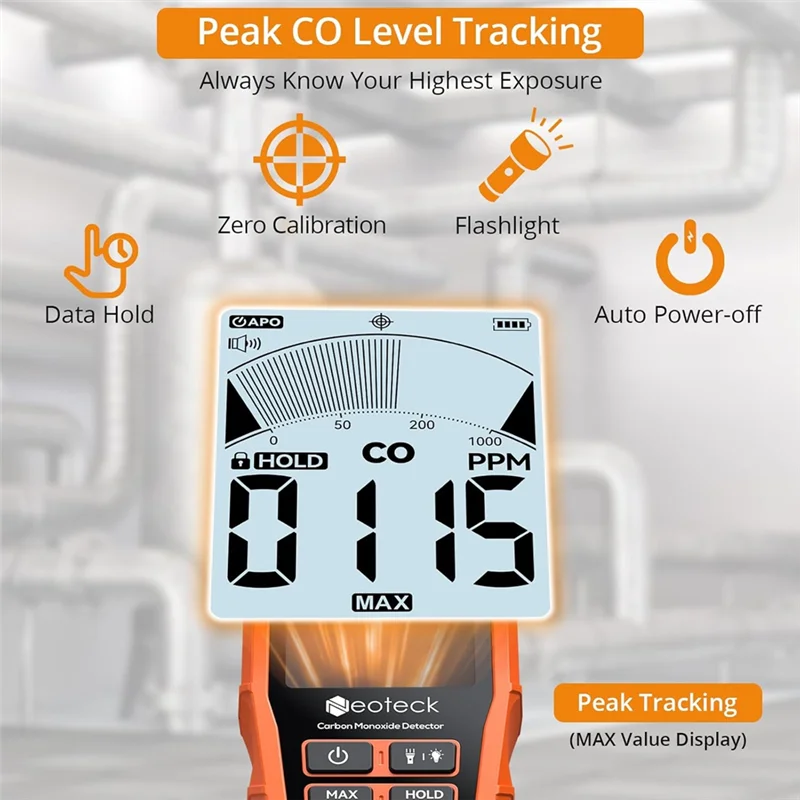 Detector de A73E-CO, alarma de monóxido de carbono de 1000 PPM (precisión 10%), alertas visuales y audibles, umbrales ajustables para el hogar