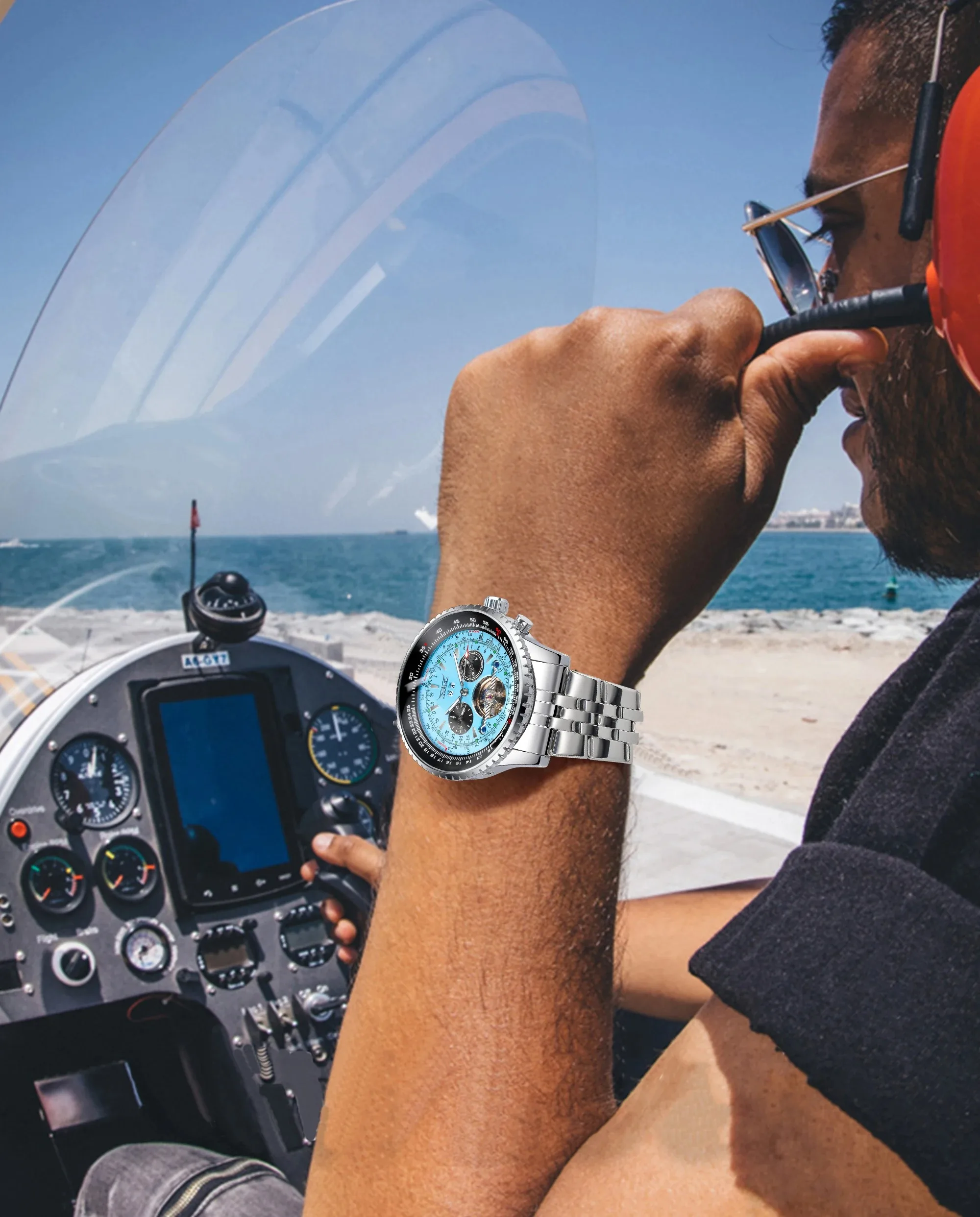 JARAGAR JAR034 Relógio Mecânico Automático Masculino Moda Tourbillon TFN Mostrador Azul Data Exibição Relógio Esportivo Militar de Aço Inoxidável