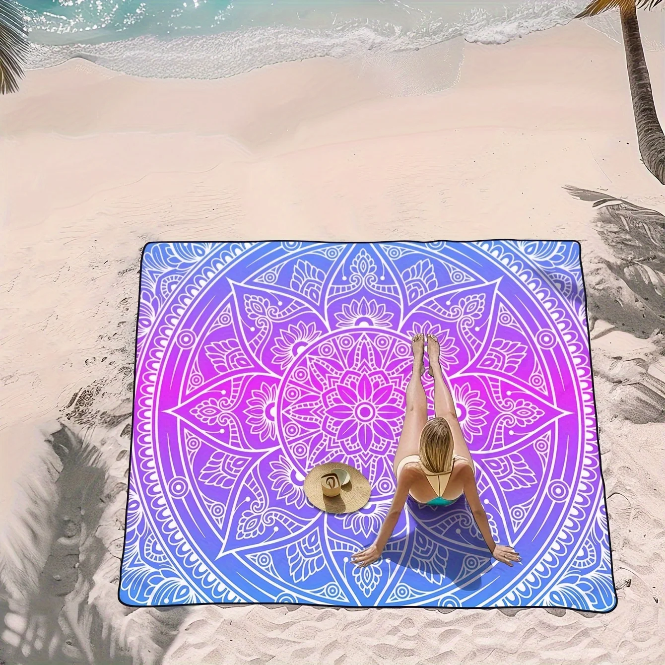 VIKAMA Purple and Blue Mandala Beach Blanket Bohemian Style Sand-Proof Portable Foldable Outdoor Picnic Blanket